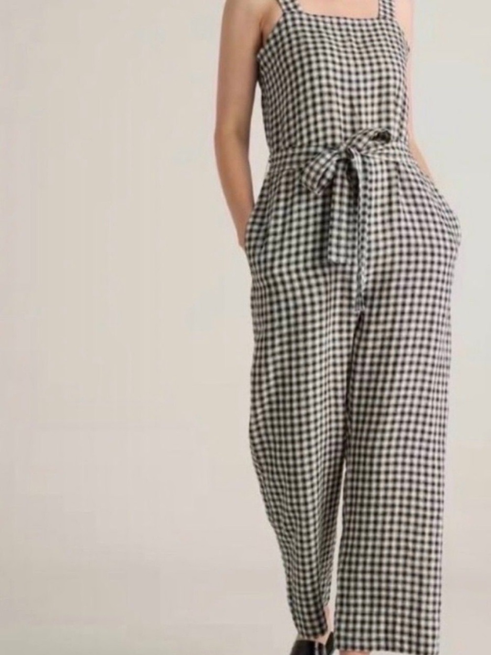 Quince Black & White Linen Gingham Tie-Waist Jumpsuit